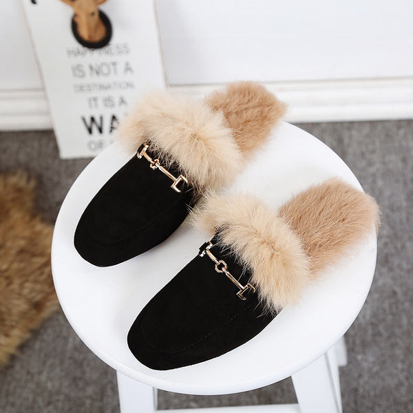 Luna Rabbit Fur Suede Half Slippers – Luxurious Flat Fur Shoes