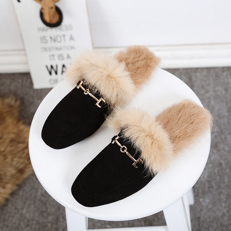 Luna Rabbit Fur Suede Half Slippers – Luxurious Flat Fur Shoes