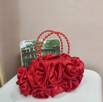 Flower Rose Satin Purse with Pearl Handle