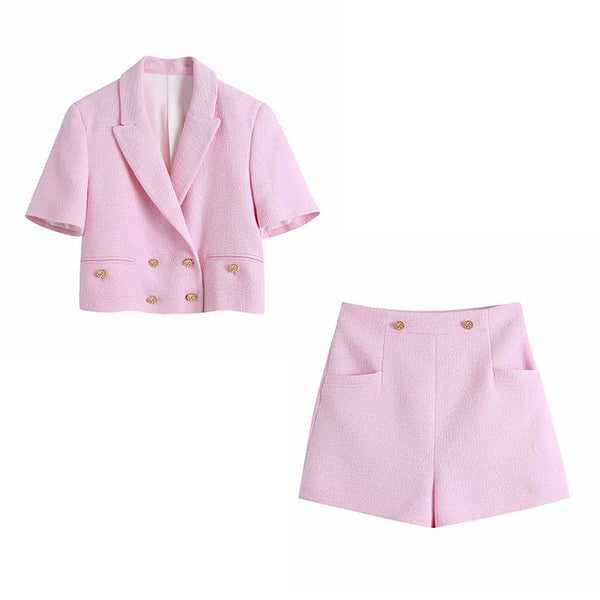 European And American Style Buttoned Textured Blazer Shorts