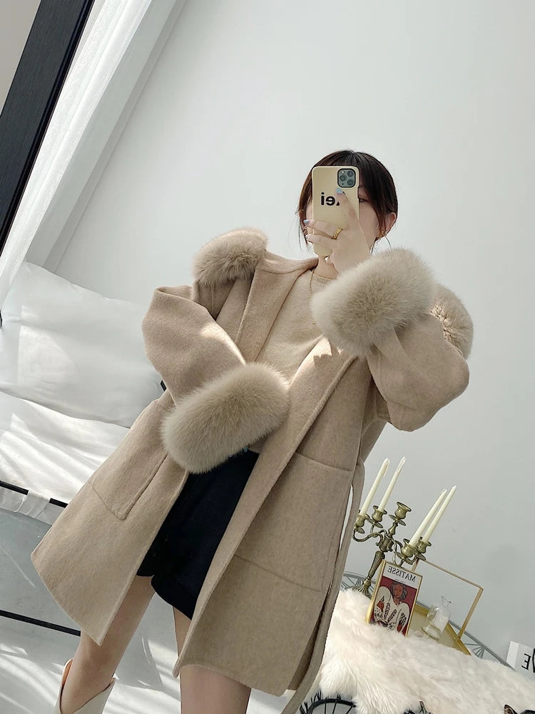 Hooded Fox Fur Double-Sided Cashmere Coat