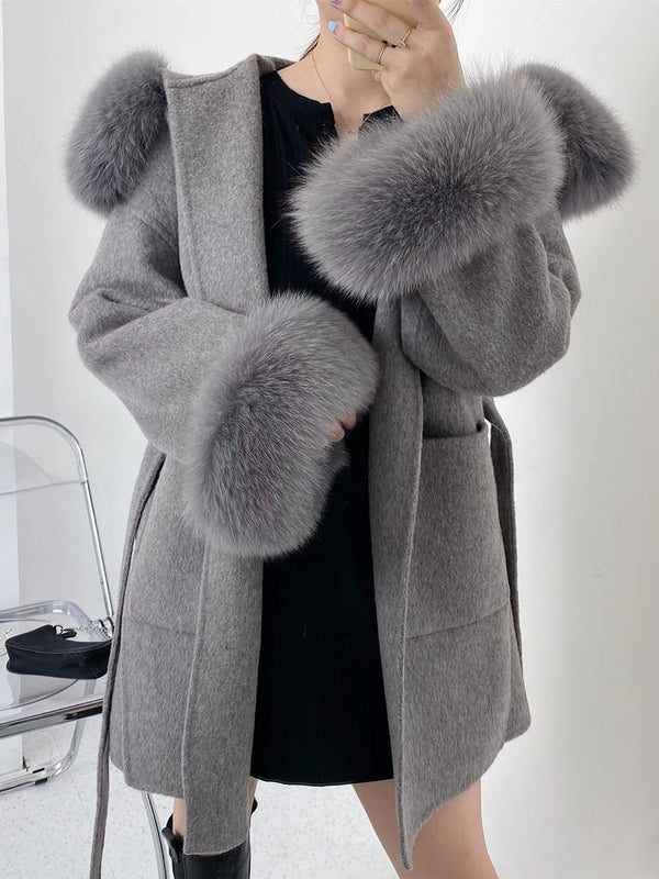 Hooded Fox Fur Double-Sided Cashmere Coat