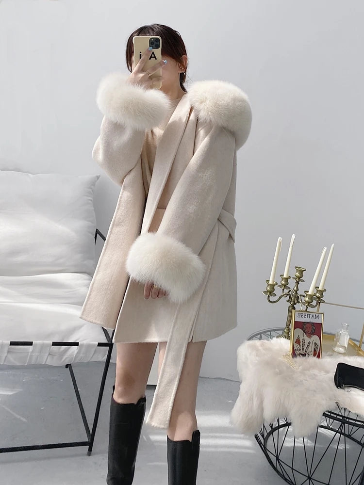 Hooded Fox Fur Double-Sided Cashmere Coat