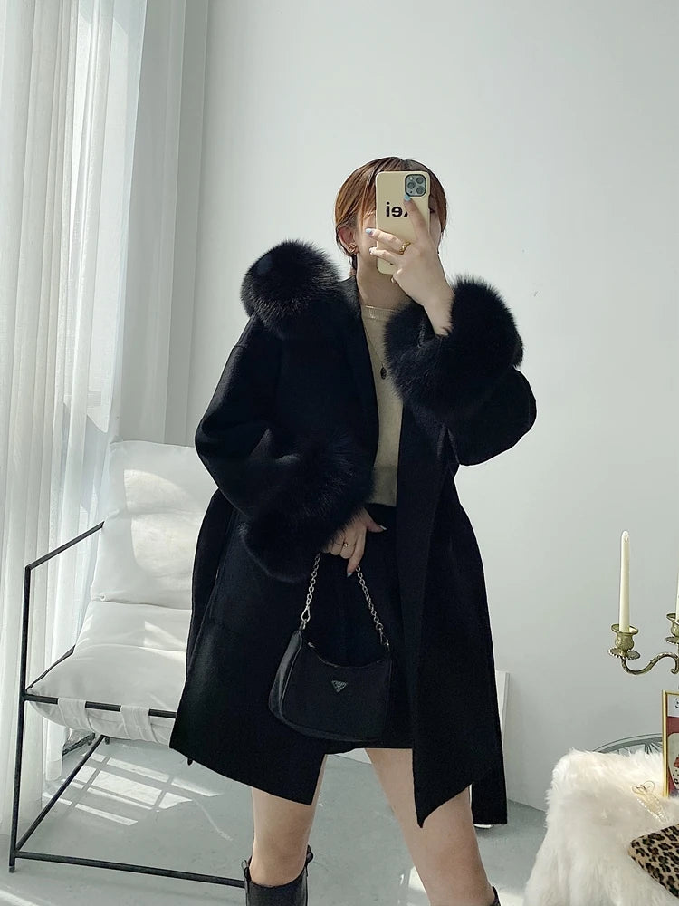 Hooded Fox Fur Double-Sided Cashmere Coat