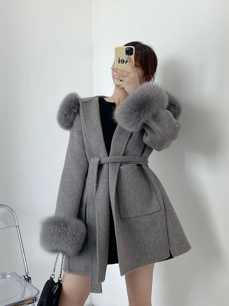 Hooded Fox Fur Double-Sided Cashmere Coat