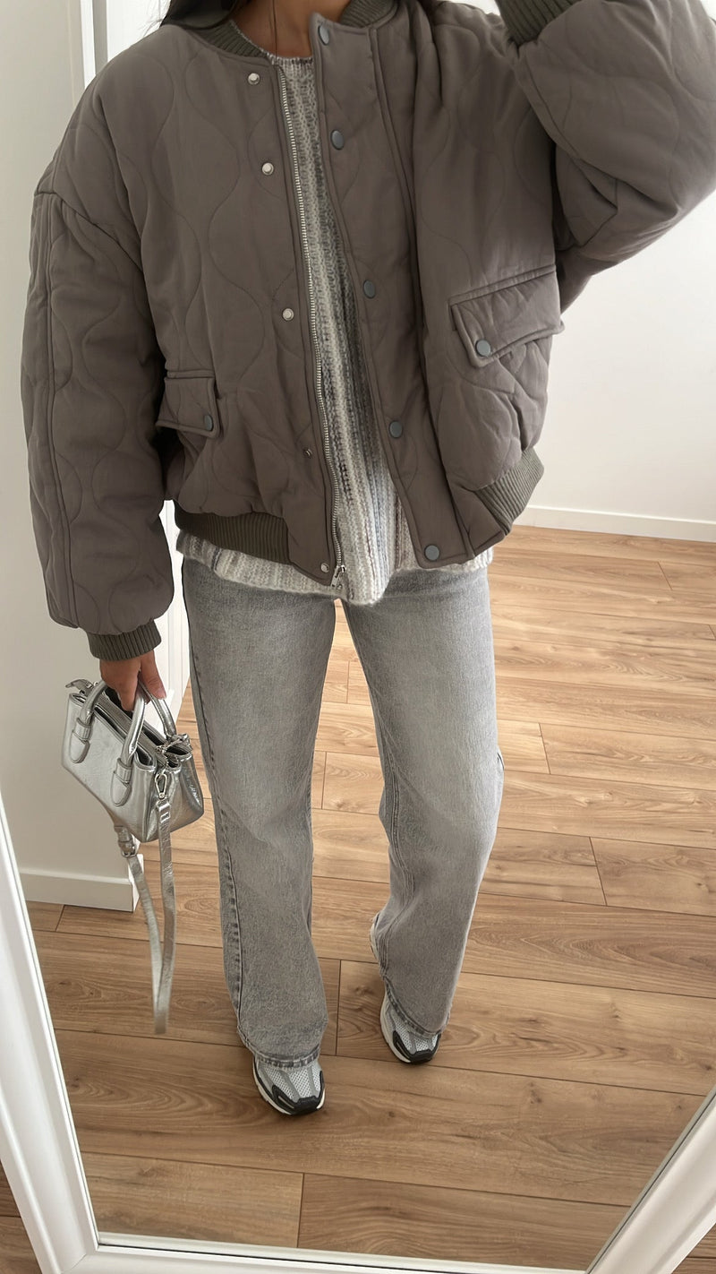 Quilted anthracite gray bomber jacket
