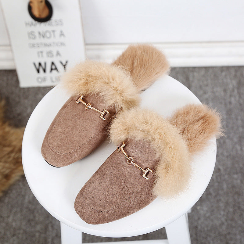 Luna Rabbit Fur Suede Half Slippers – Luxurious Flat Fur Shoes