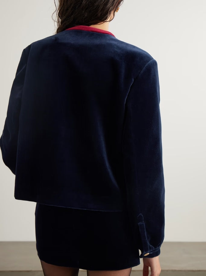 Contrast Color Jacket & Velvet Mini Skirt Set