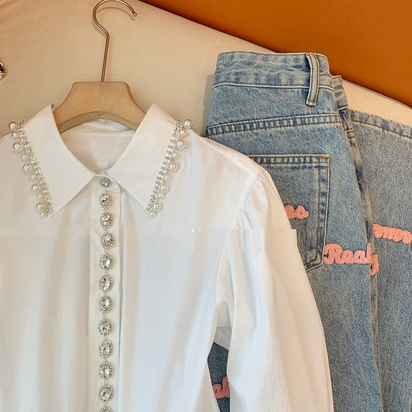 Vivienne White Beaded Long Sleeve Shirt – Classic Elegance