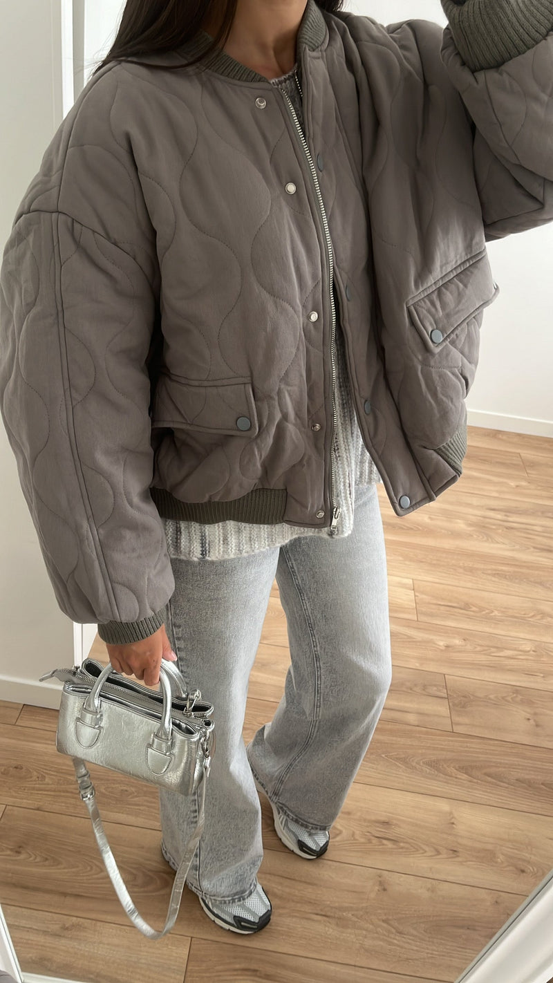Quilted anthracite gray bomber jacket