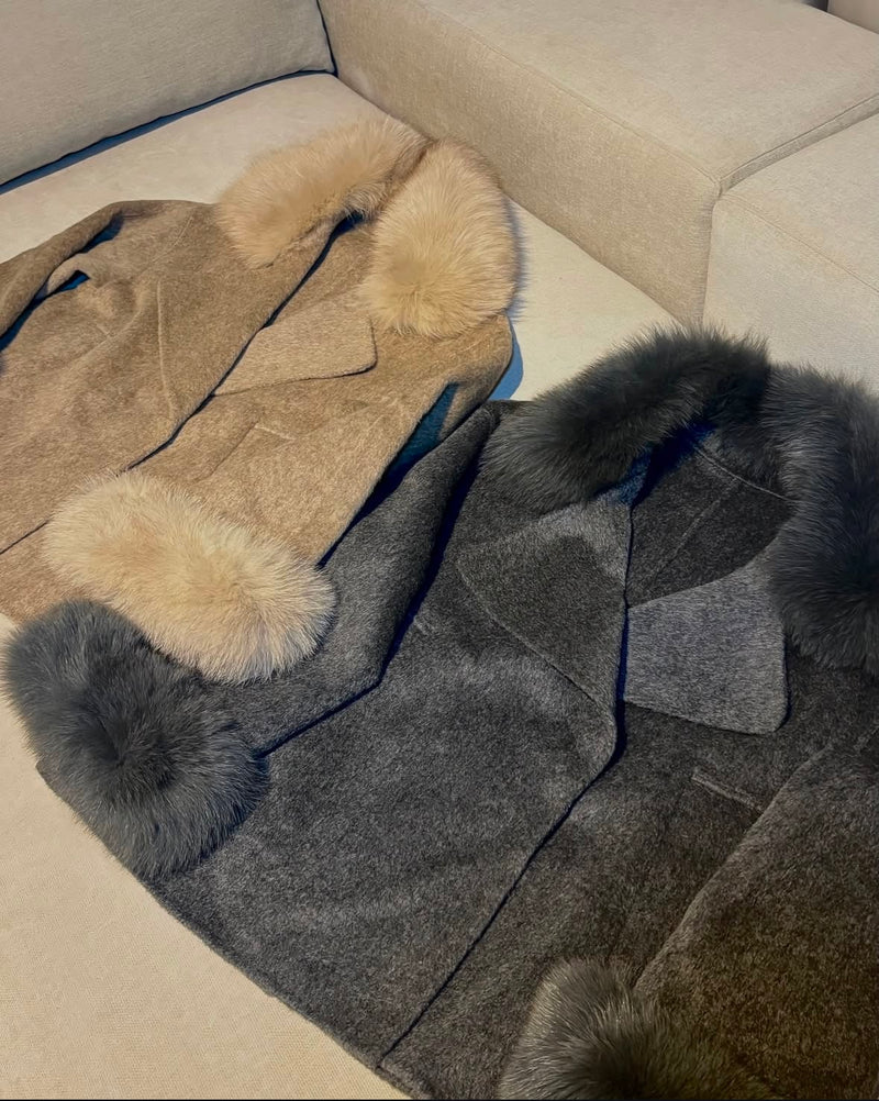 Double-Sided Cashmere Coat with Real Fox Fur Collar