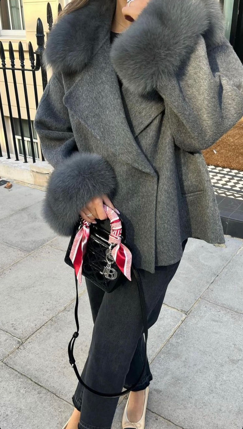 Double-Sided Cashmere Coat with Real Fox Fur Collar
