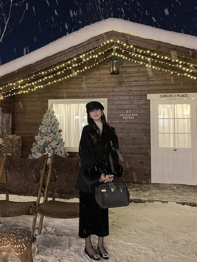 Élise Long Fur Wool Coat |Double-sided Cashmere