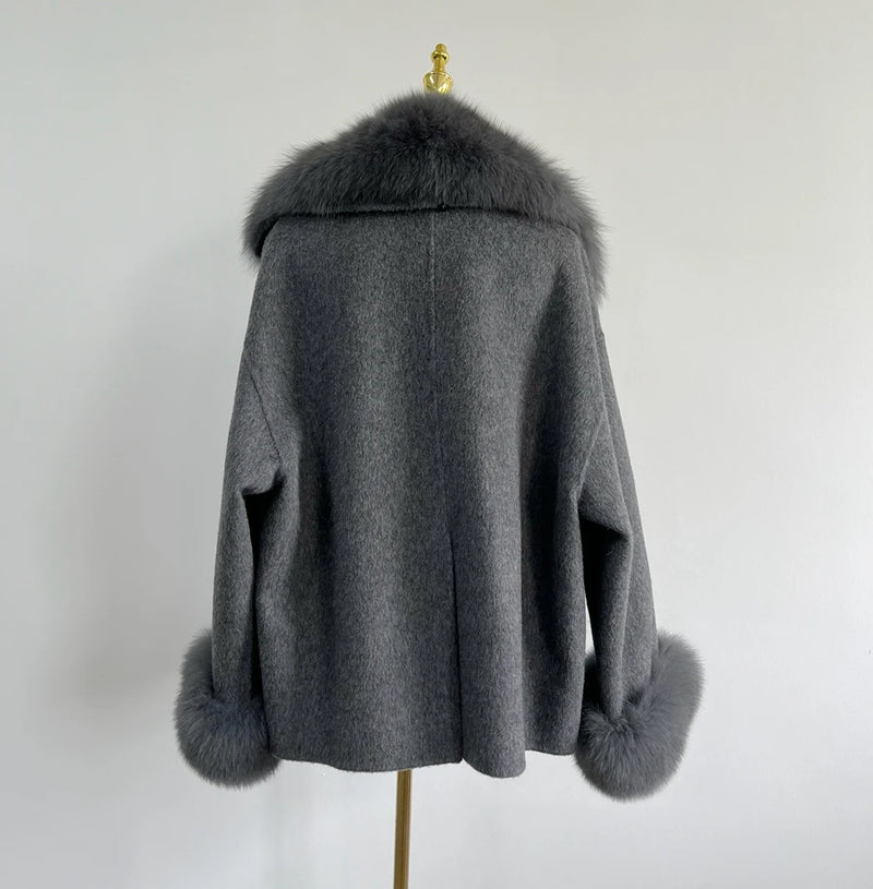 Double-Sided Cashmere Coat with Real Fox Fur Collar