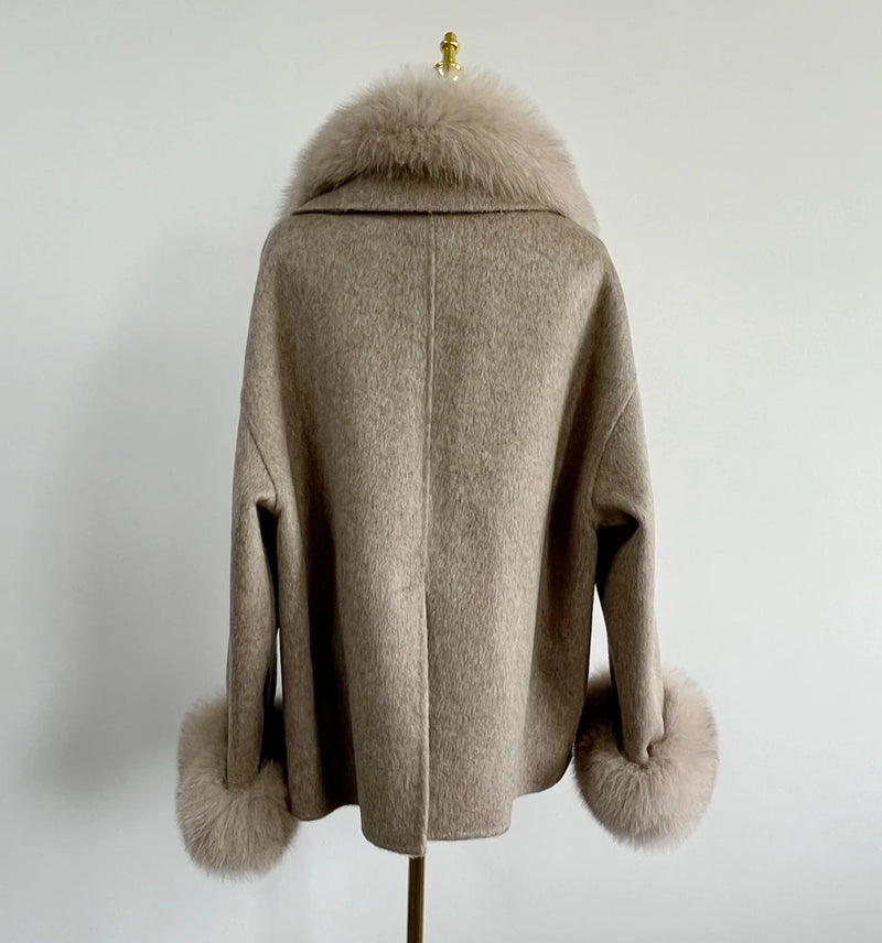 Double-Sided Cashmere Coat with Real Fox Fur Collar
