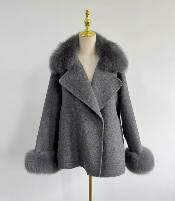 Double-Sided Cashmere Coat with Real Fox Fur Collar