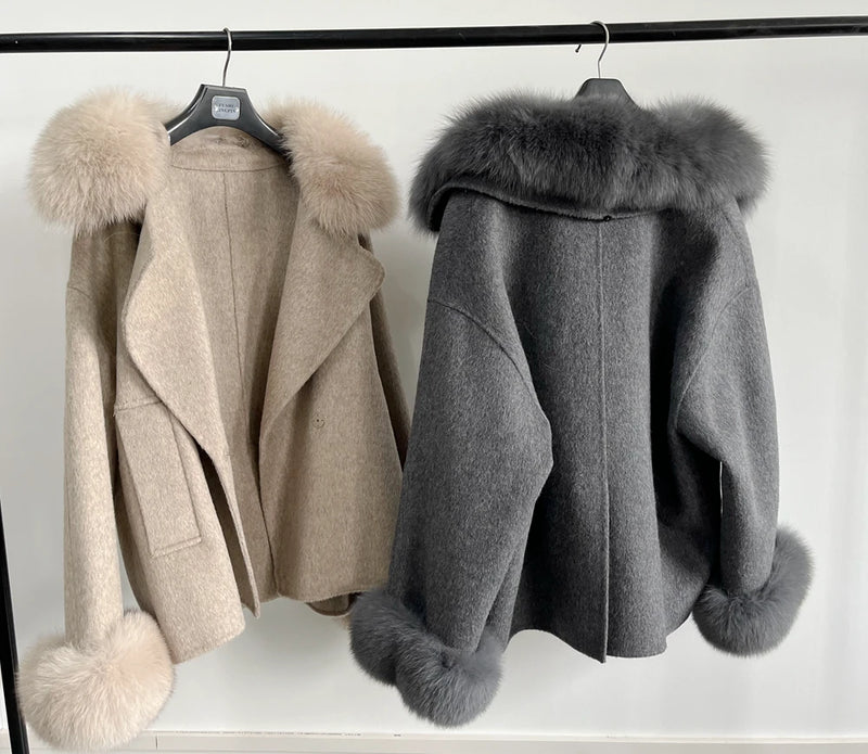 Double-Sided Cashmere Coat with Real Fox Fur Collar