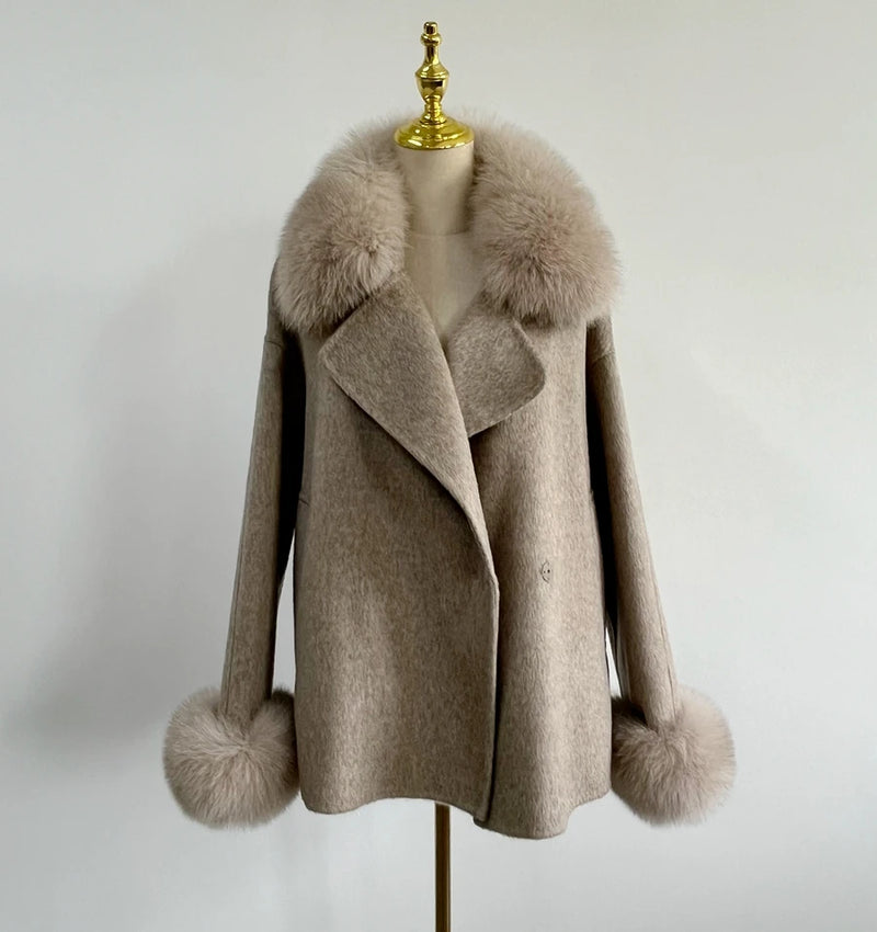 Double-Sided Cashmere Coat with Real Fox Fur Collar