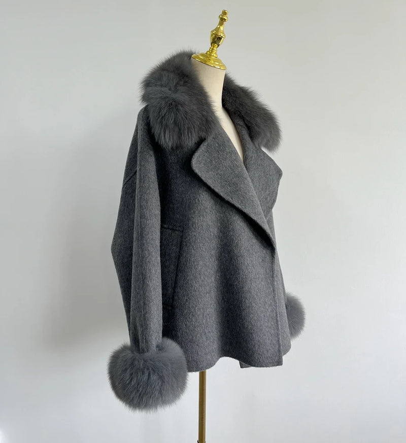 Double-Sided Cashmere Coat with Real Fox Fur Collar
