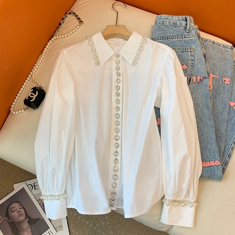Vivienne White Beaded Long Sleeve Shirt – Classic Elegance