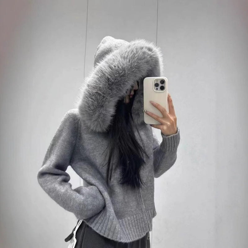 Cozy Imitation Hooded Fox Fur Sweater