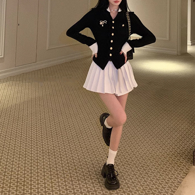 Bella Knitwear Coat & Pleated Skirt Two-piece Set